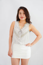 Selkie Lace Trim V Neck Button Front Drawstring Top in Grey