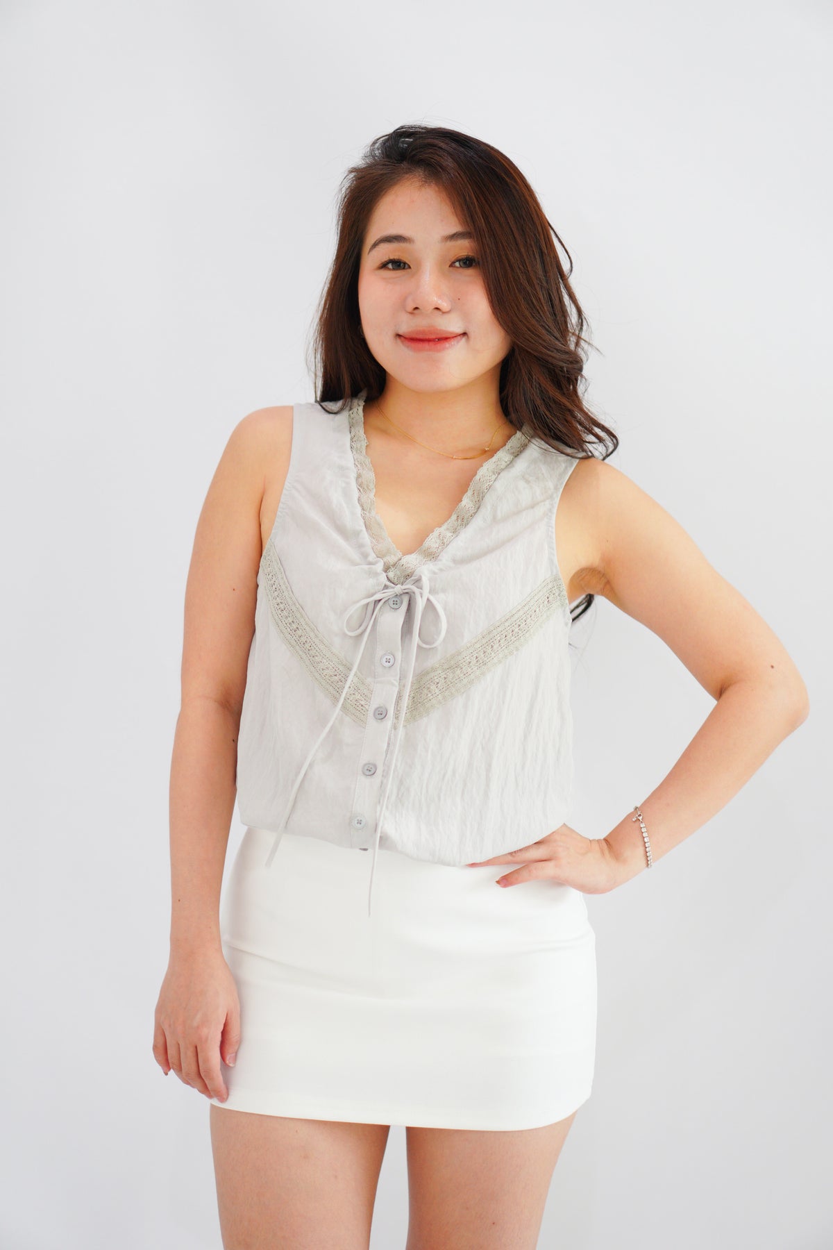Selkie Lace Trim V Neck Button Front Drawstring Top in Grey