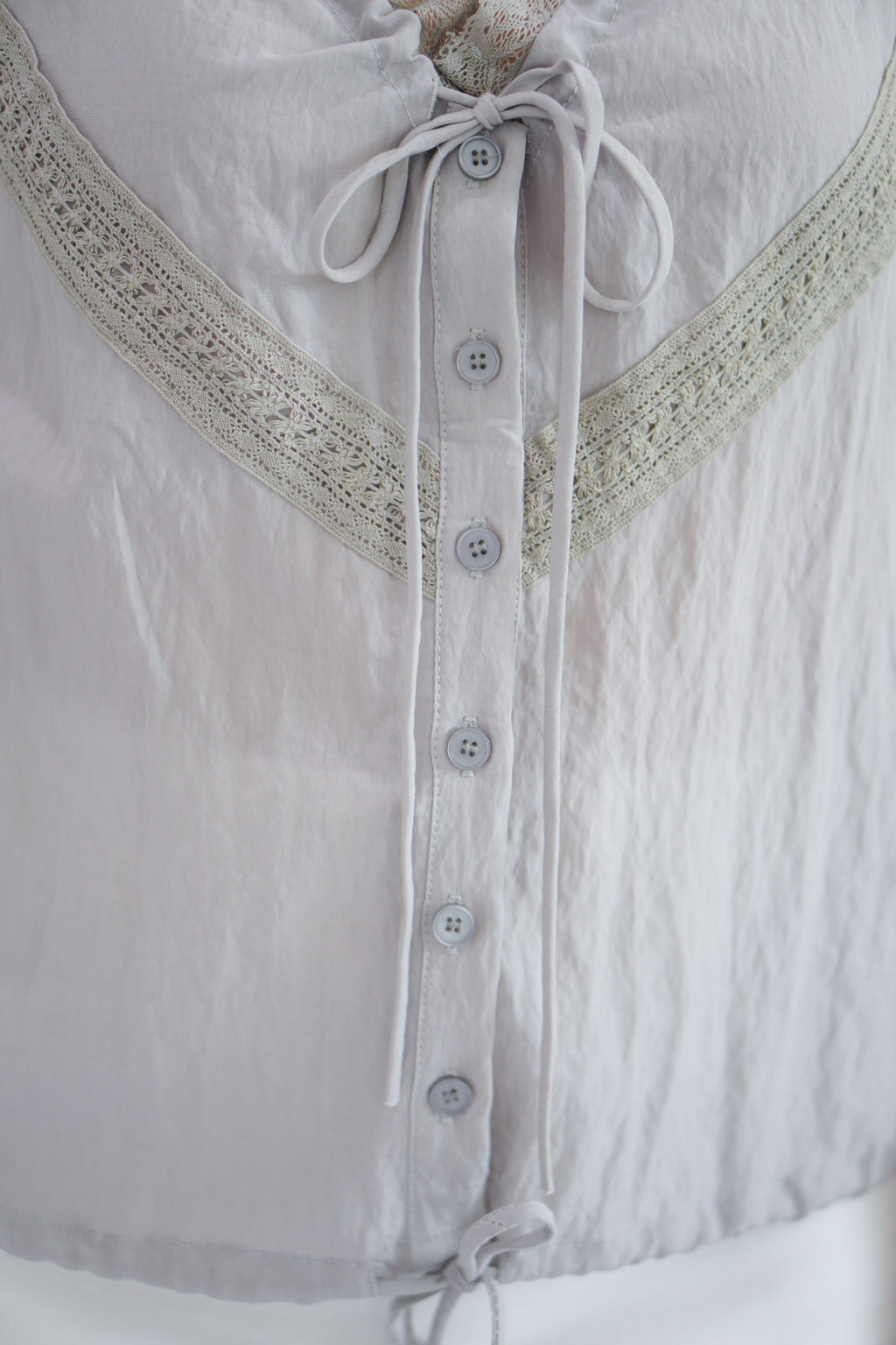 Selkie Lace Trim V Neck Button Front Drawstring Top in Grey