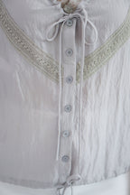 Selkie Lace Trim V Neck Button Front Drawstring Top in Grey