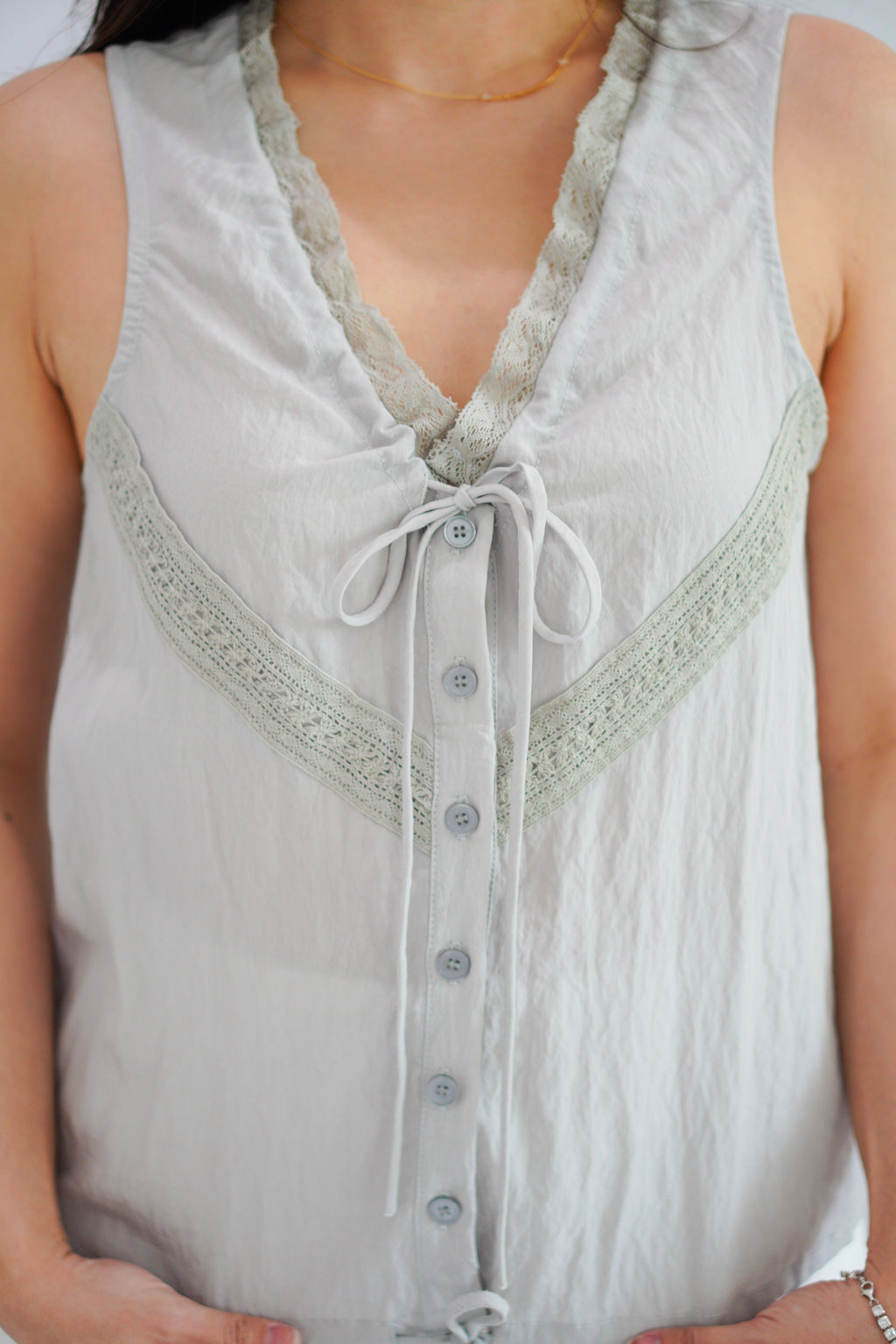 Selkie Lace Trim V Neck Button Front Drawstring Top in Grey