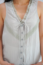 Selkie Lace Trim V Neck Button Front Drawstring Top in Grey