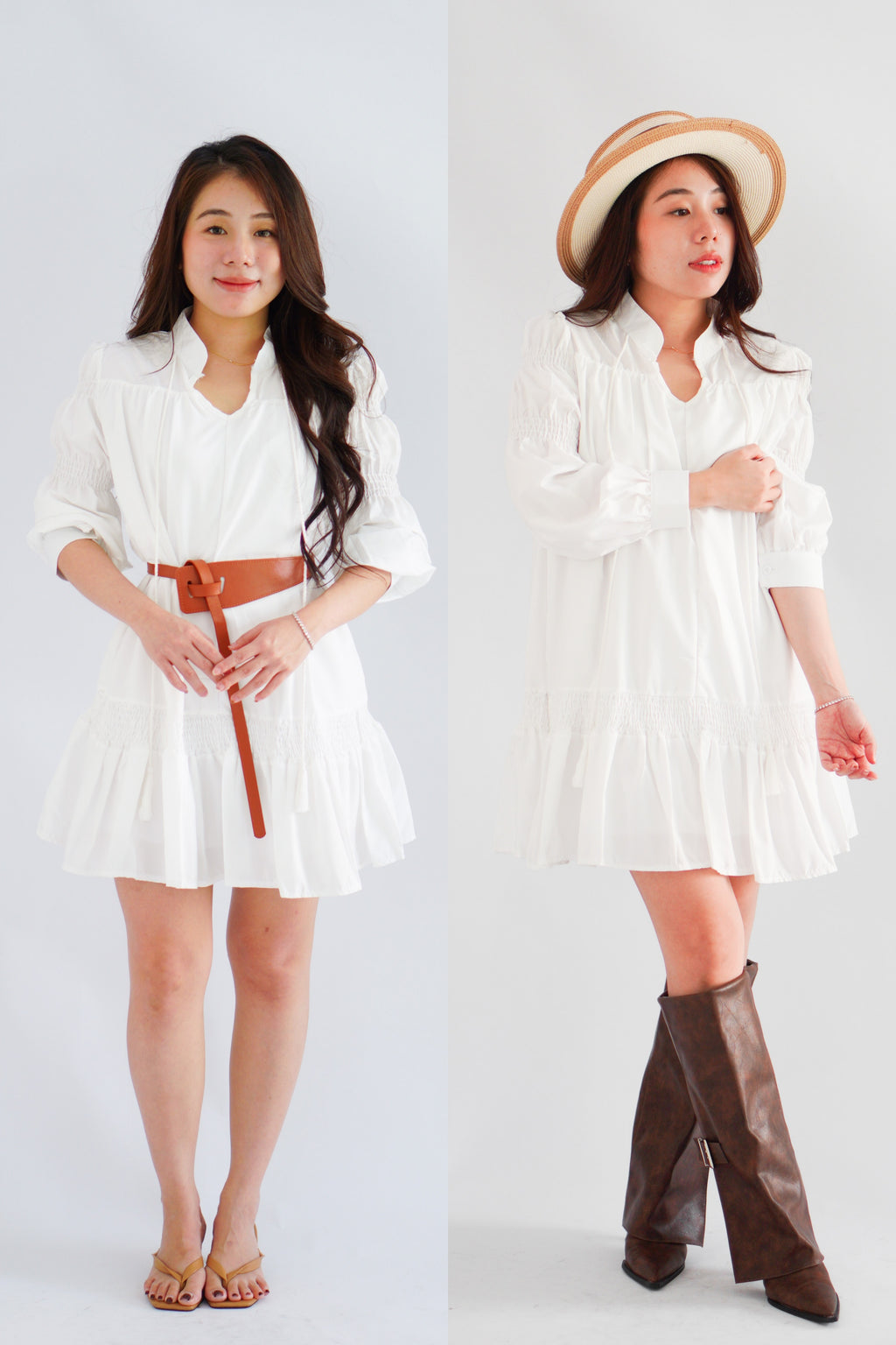Virelia Long Sleeve A-line Mini Dress in White with Belt