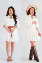 Virelia Long Sleeve A-line Mini Dress in White with Belt