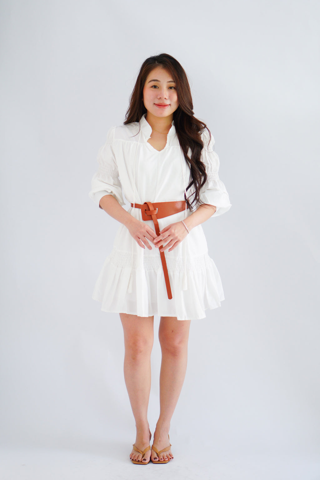Virelia Long Sleeve A-line Mini Dress in White with Belt