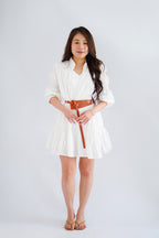 Virelia Long Sleeve A-line Mini Dress in White with Belt