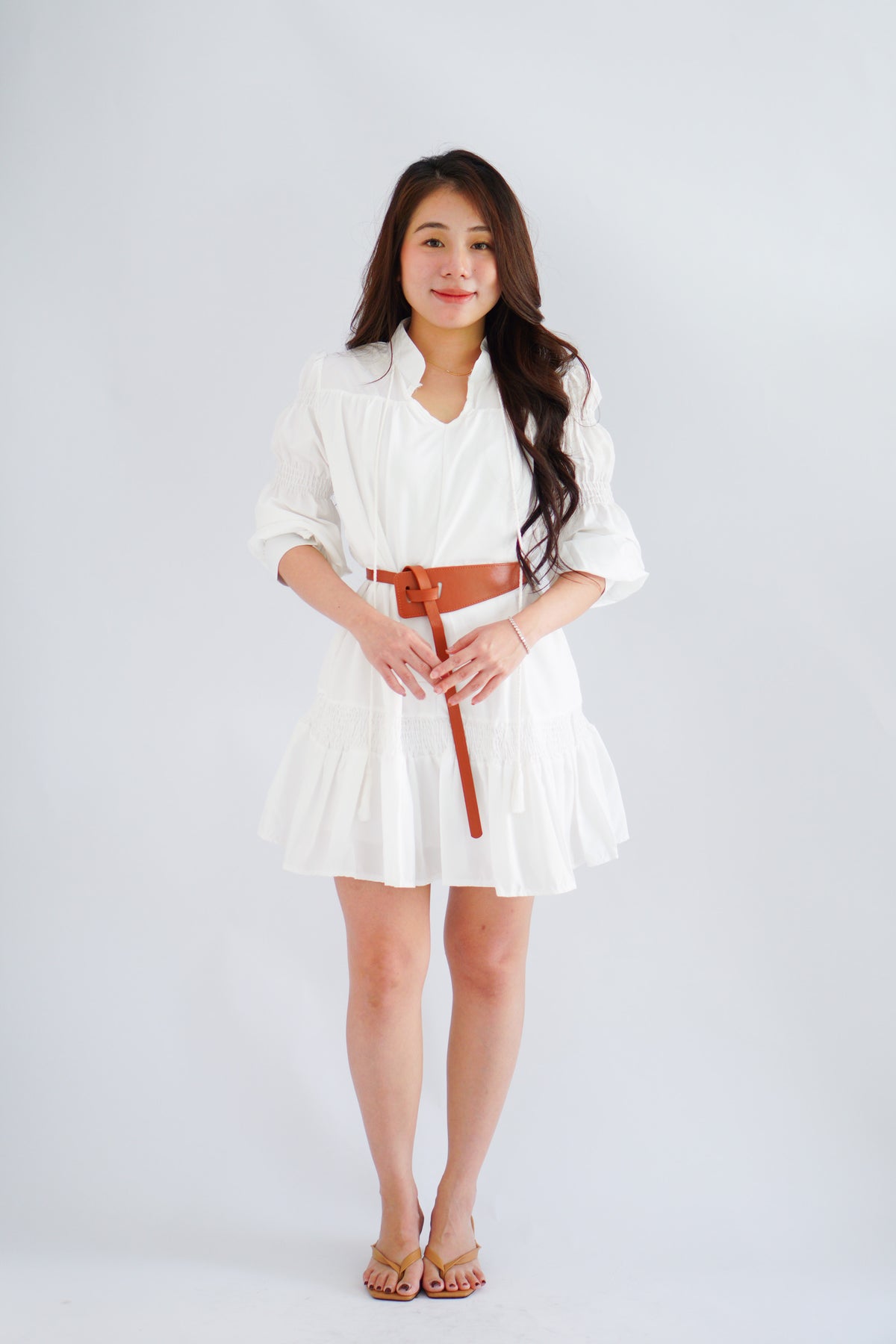 Virelia Long Sleeve A-line Mini Dress in White with Belt