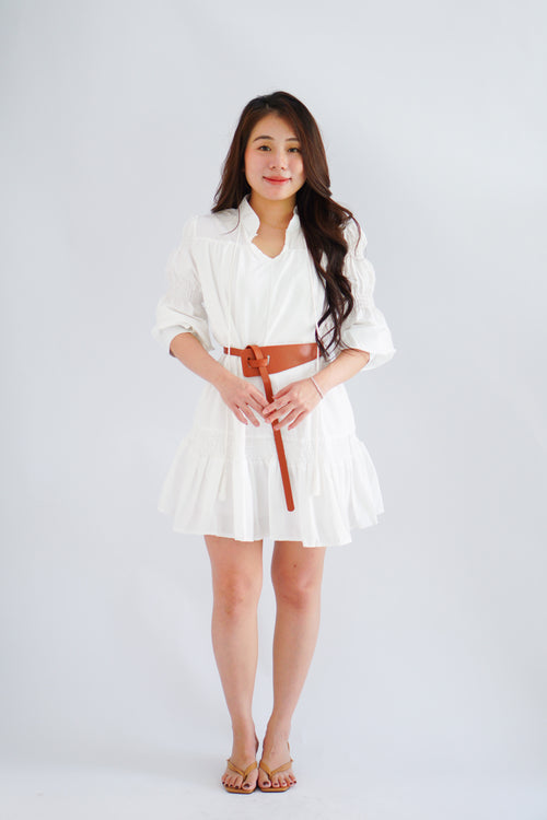 Virelia Long Sleeve A-line Mini Dress in White with Belt
