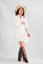 Virelia Long Sleeve A-line Mini Dress in White with Belt