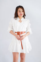 Virelia Long Sleeve A-line Mini Dress in White with Belt