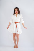 Virelia Long Sleeve A-line Mini Dress in White with Belt