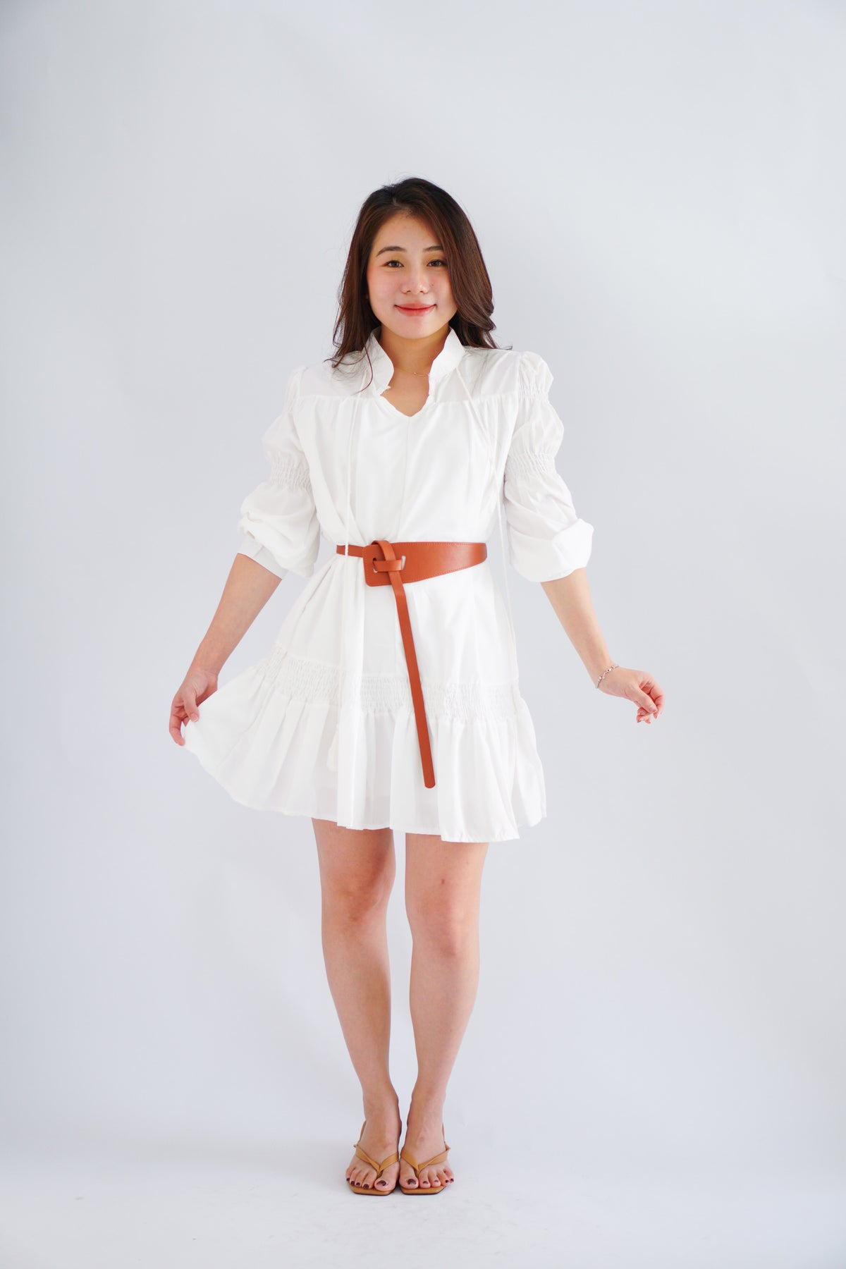 Virelia Long Sleeve A-line Mini Dress in White with Belt