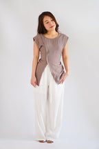 Floraine 2 Way Self Tied Waist Linen Top in Khaki