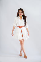 Virelia Long Sleeve A-line Mini Dress in White with Belt