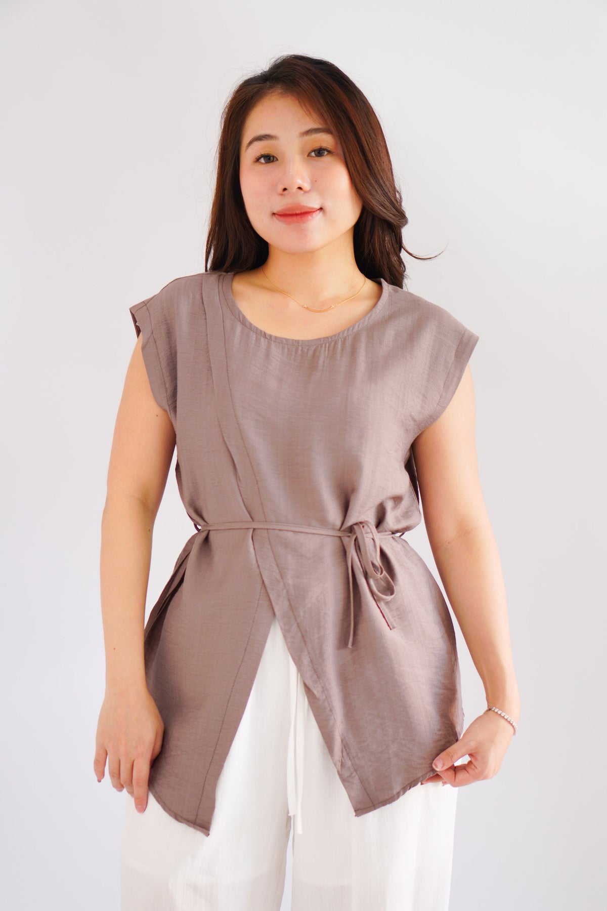 Floraine 2 Way Self Tied Waist Linen Top in Khaki