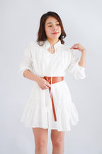 Virelia Long Sleeve A-line Mini Dress in White with Belt