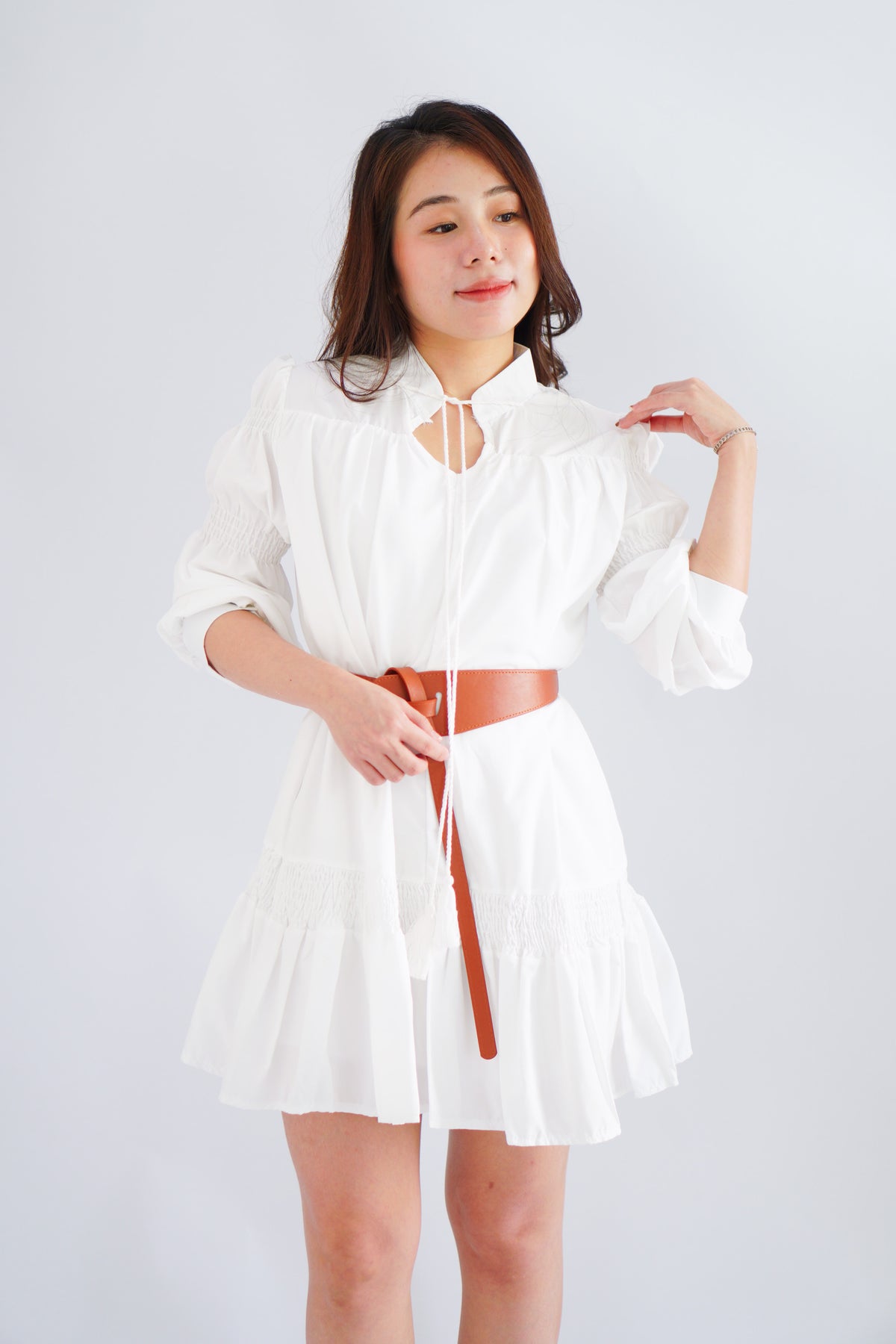 Virelia Long Sleeve A-line Mini Dress in White with Belt
