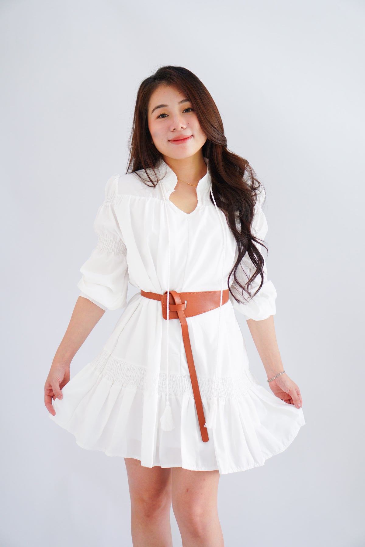 Virelia Long Sleeve A-line Mini Dress in White with Belt