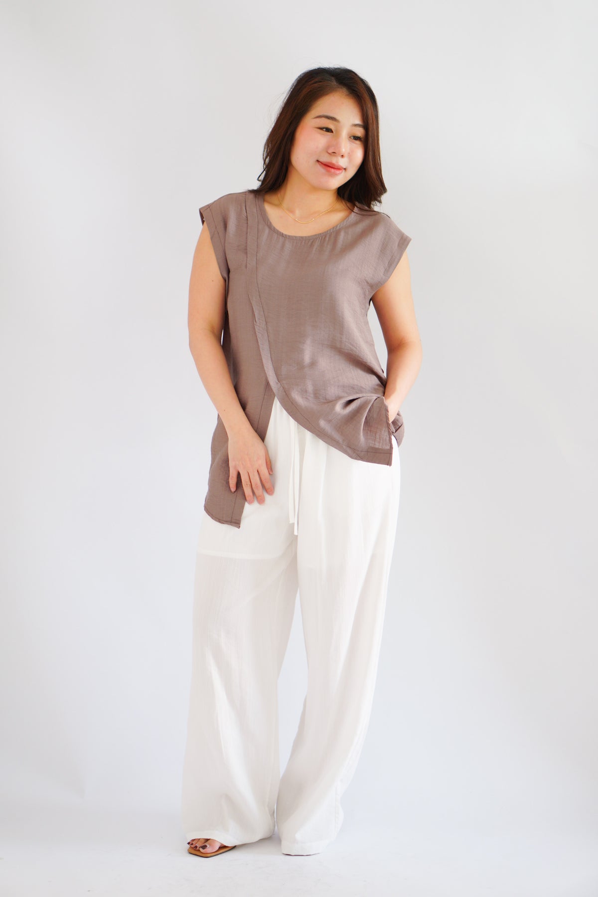 Floraine 2 Way Self Tied Waist Linen Top in Khaki