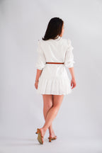 Virelia Long Sleeve A-line Mini Dress in White with Belt