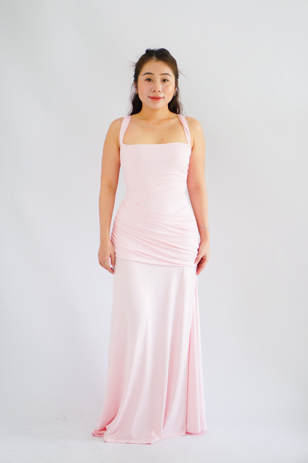 Waverly Ruched Drape Crossback Maxi Dress in Pink