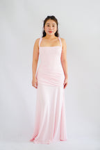 Waverly Ruched Drape Crossback Maxi Dress in Pink