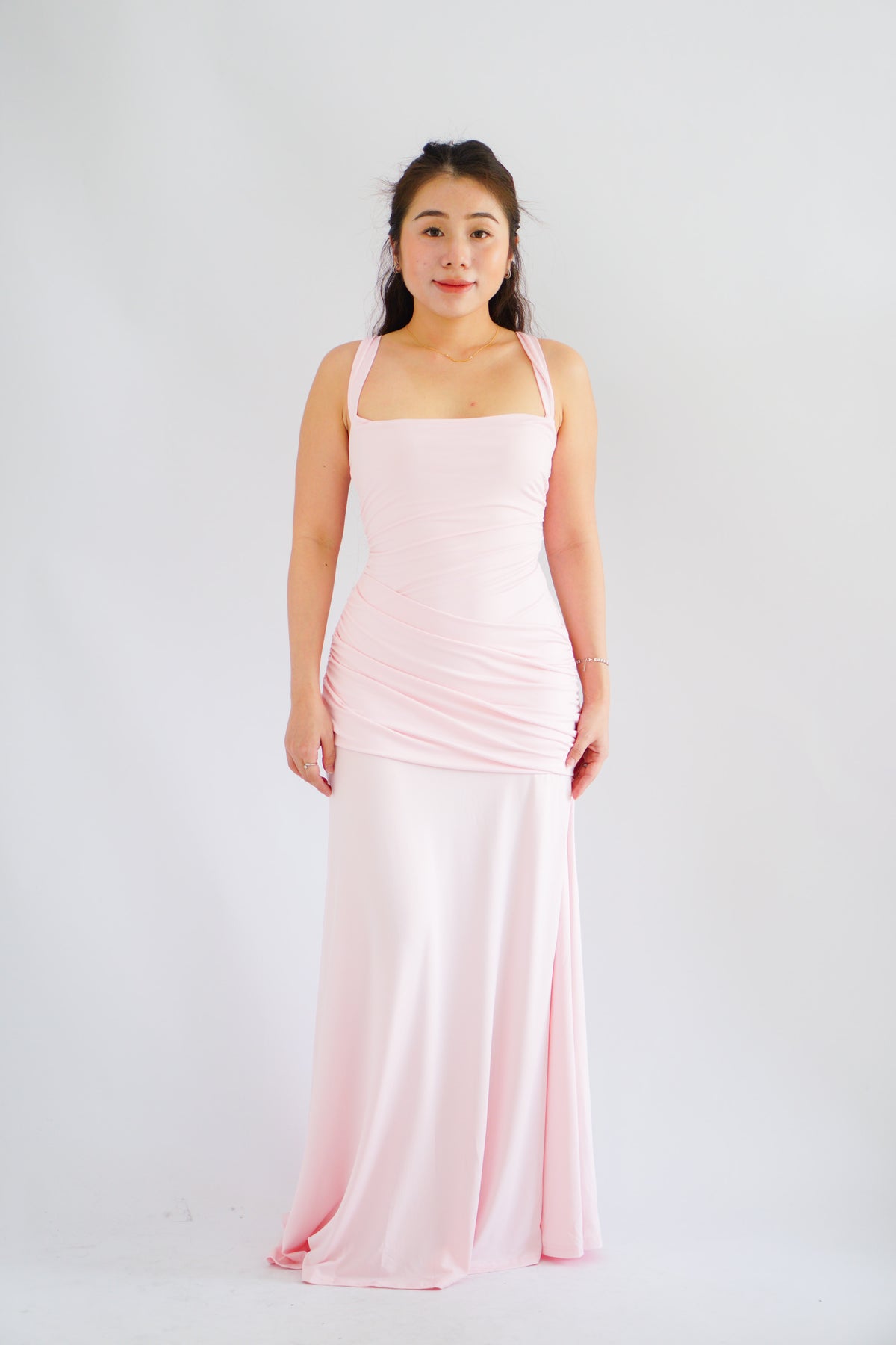 Waverly Ruched Drape Crossback Maxi Dress in Pink