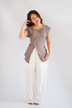 Floraine 2 Way Self Tied Waist Linen Top in Khaki