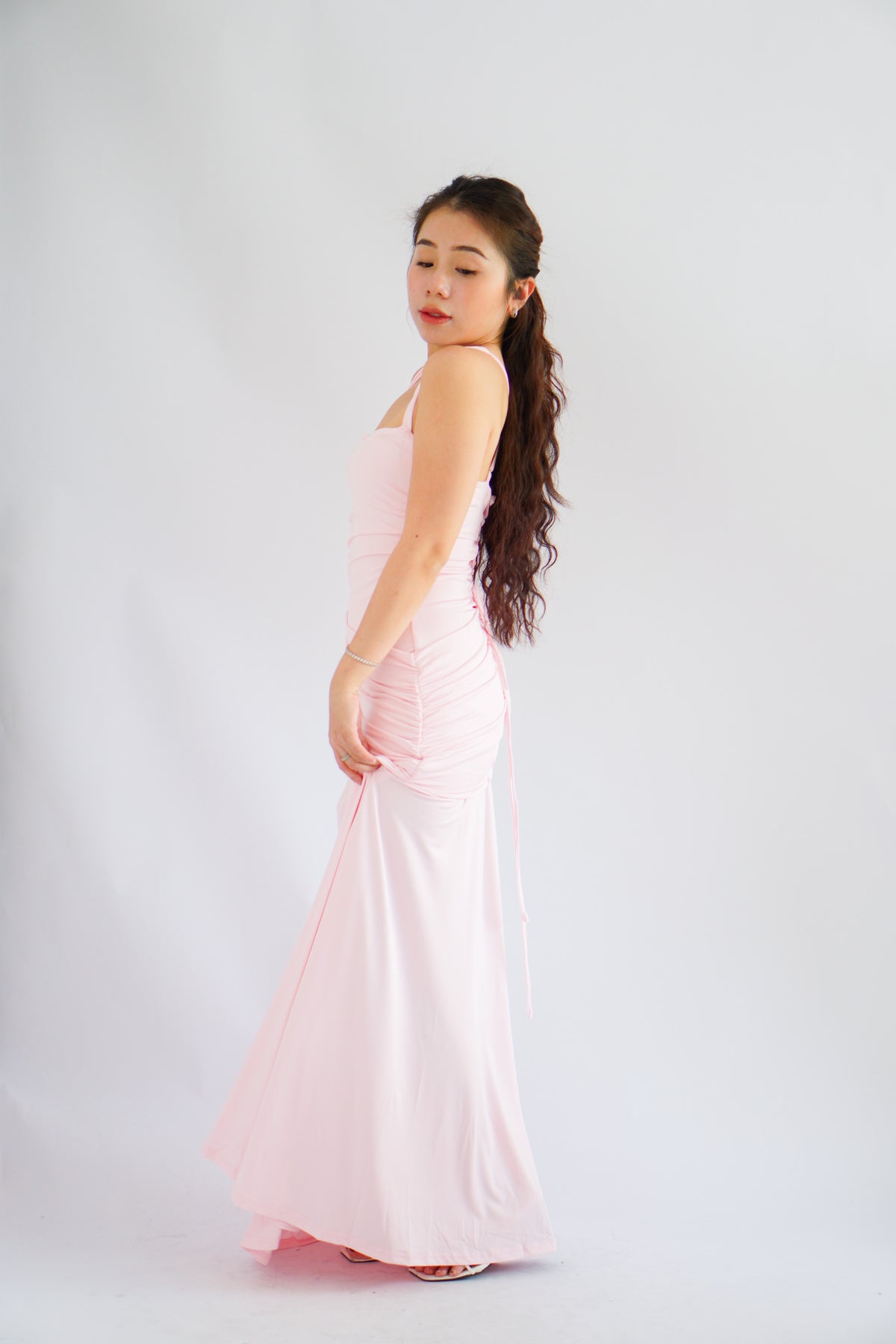 Waverly Ruched Drape Crossback Maxi Dress in Pink