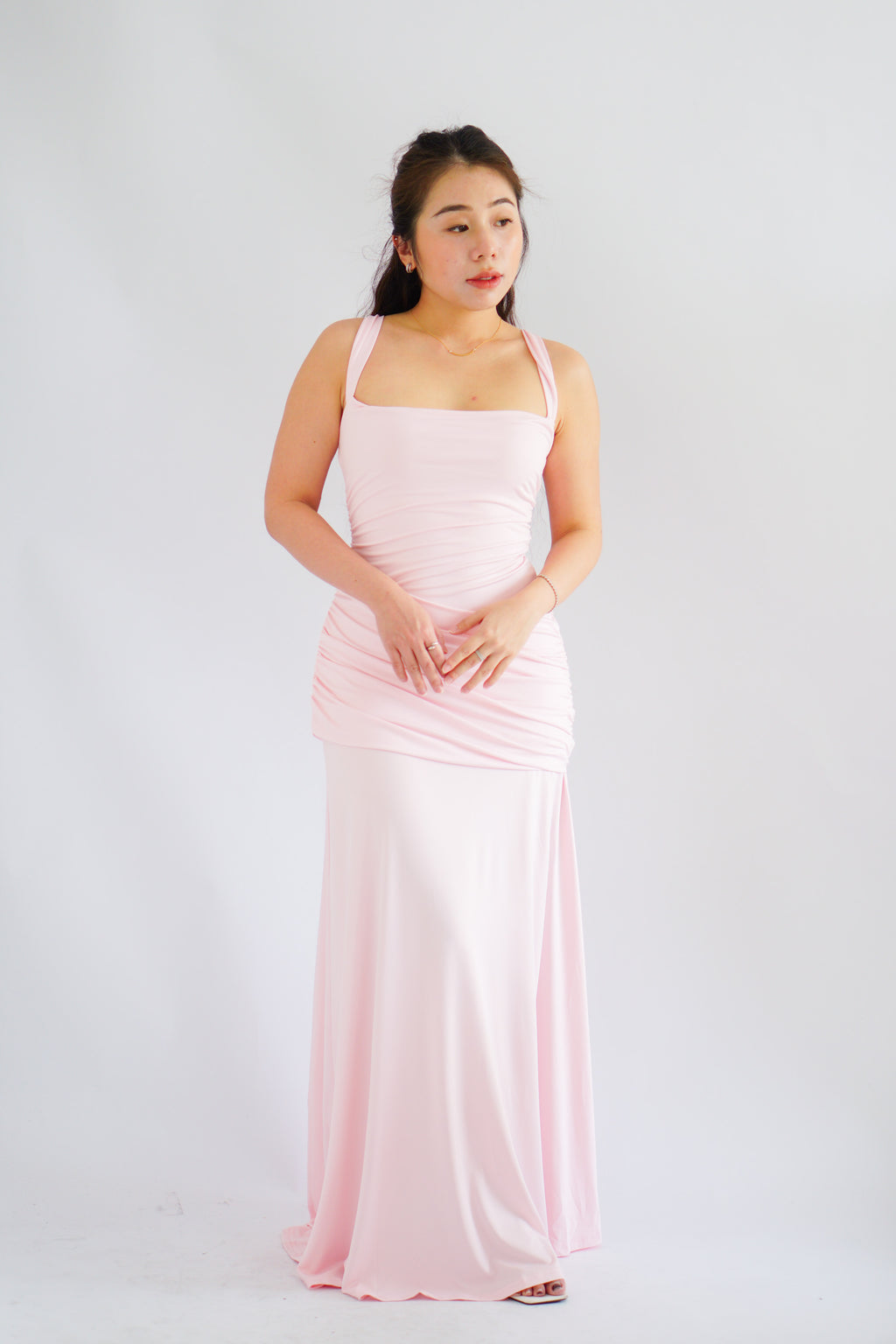 Waverly Ruched Drape Crossback Maxi Dress in Pink