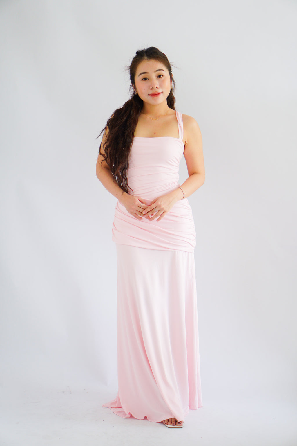 Waverly Ruched Drape Crossback Maxi Dress in Pink