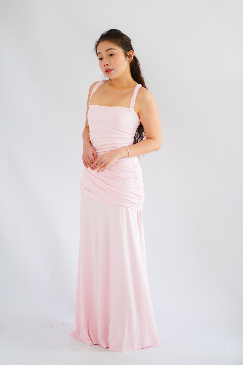 Waverly Ruched Drape Crossback Maxi Dress in Pink