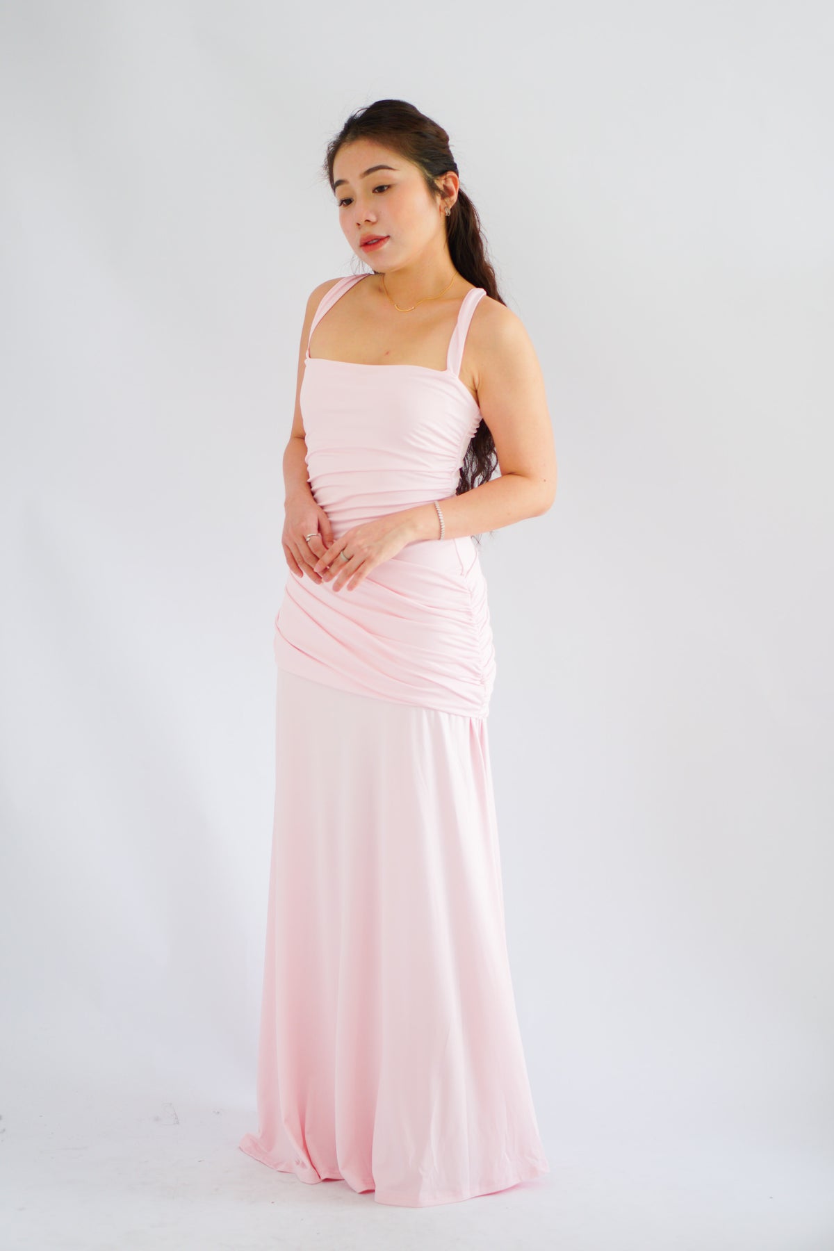 Waverly Ruched Drape Crossback Maxi Dress in Pink