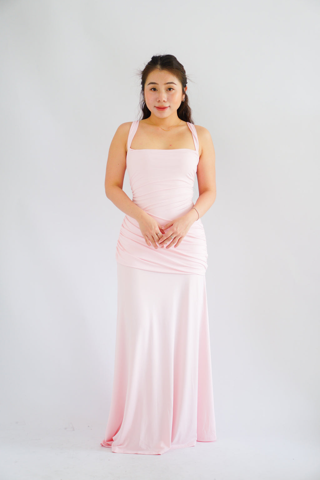 Waverly Ruched Drape Crossback Maxi Dress in Pink