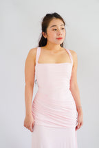 Waverly Ruched Drape Crossback Maxi Dress in Pink