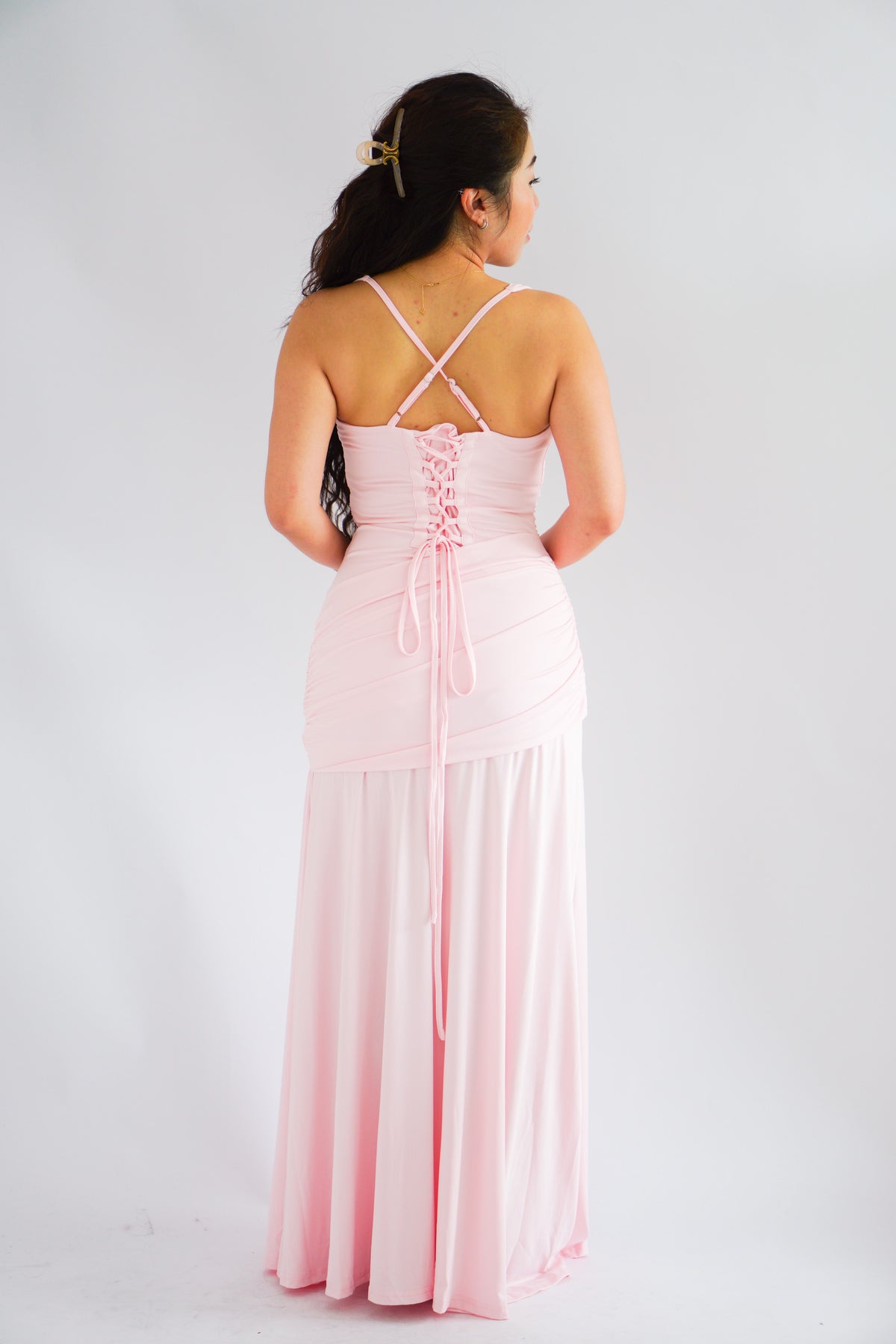 Waverly Ruched Drape Crossback Maxi Dress in Pink