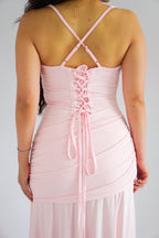Waverly Ruched Drape Crossback Maxi Dress in Pink