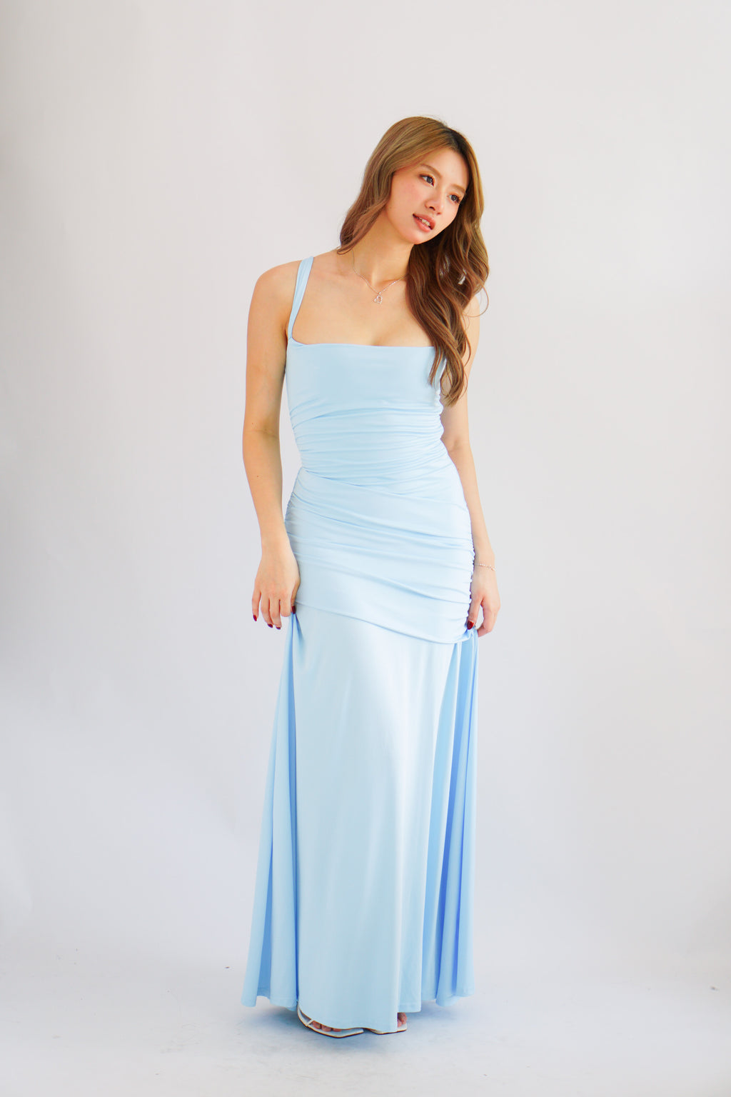 Waverly Ruched Drape Crossback Maxi Dress in Light Blue
