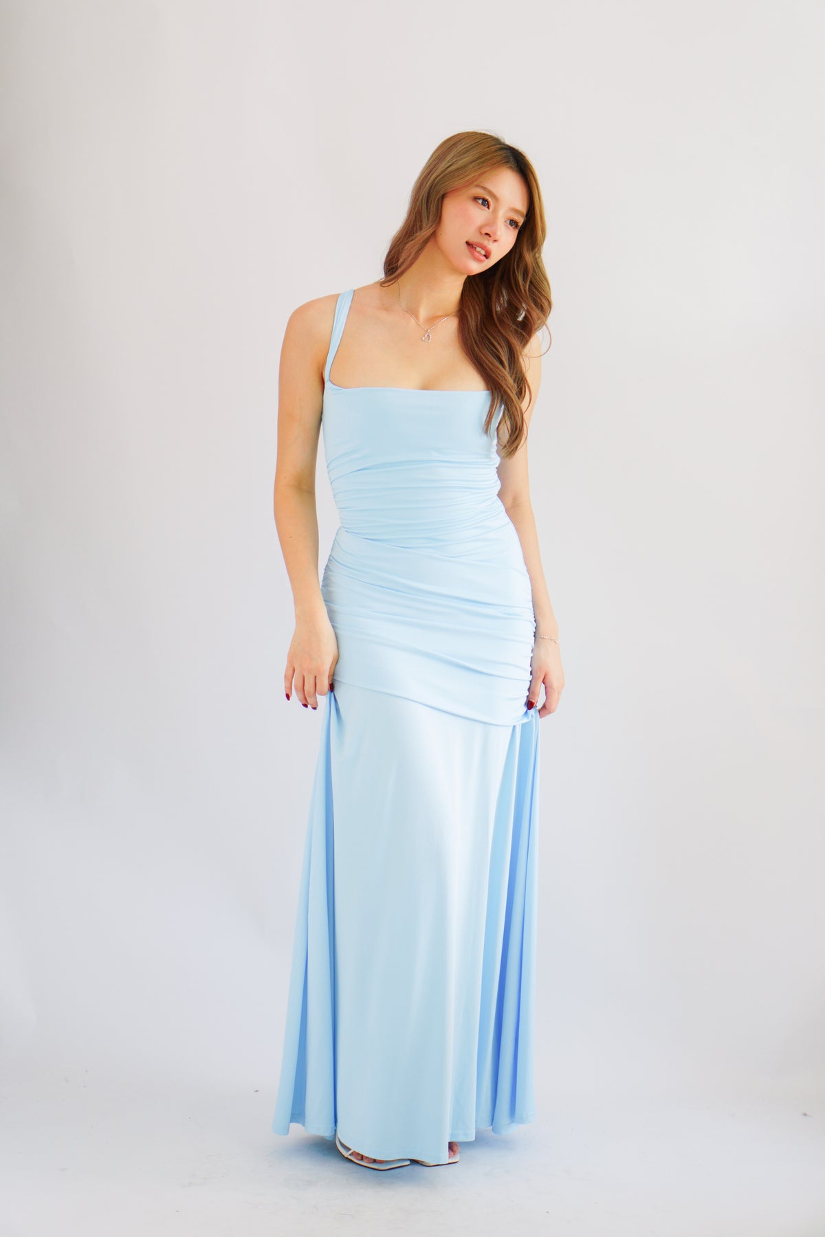 Waverly Ruched Drape Crossback Maxi Dress in Light Blue