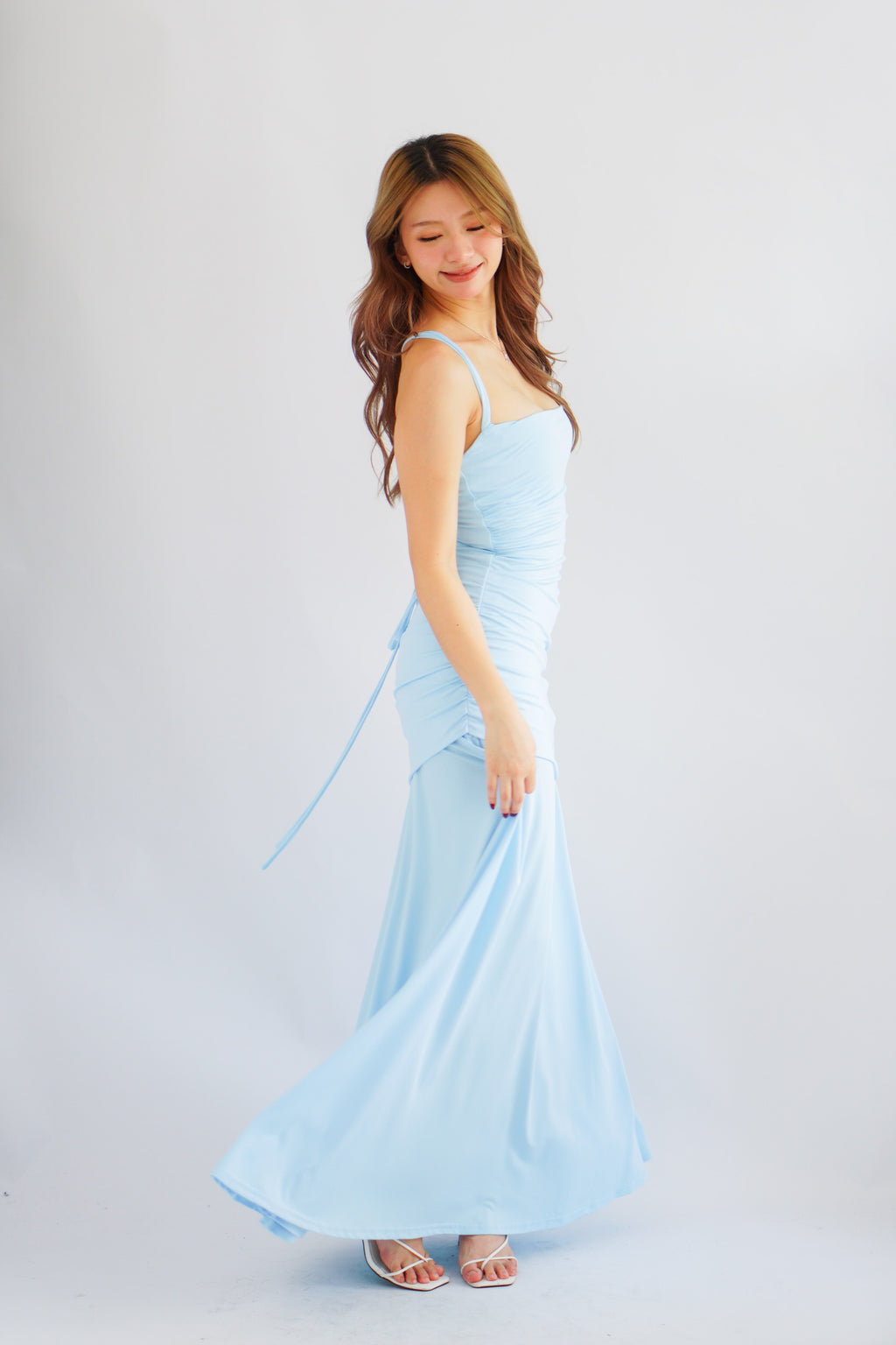 Waverly Ruched Drape Crossback Maxi Dress in Light Blue