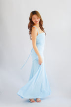 Waverly Ruched Drape Crossback Maxi Dress in Light Blue