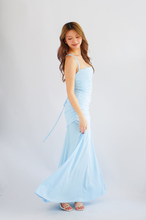 Waverly Ruched Drape Crossback Maxi Dress in Light Blue