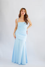 Waverly Ruched Drape Crossback Maxi Dress in Light Blue