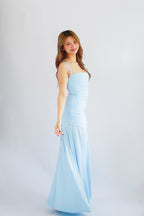 Waverly Ruched Drape Crossback Maxi Dress in Light Blue
