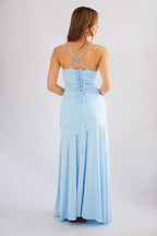Waverly Ruched Drape Crossback Maxi Dress in Light Blue