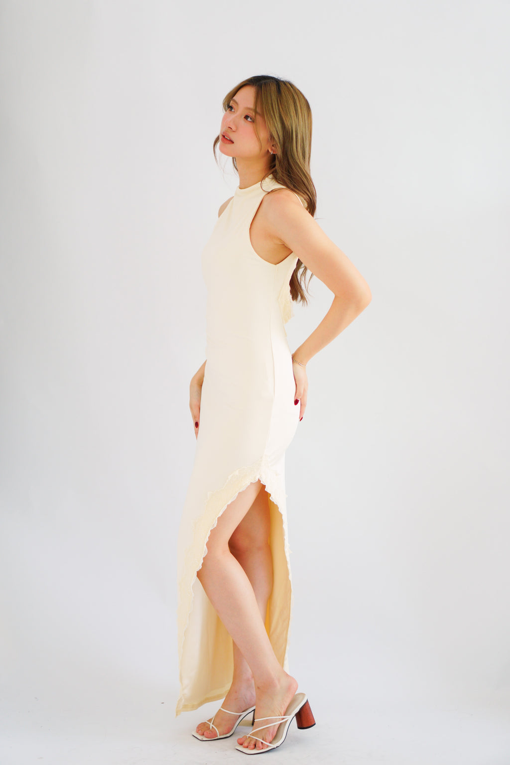 Miss Elly Halter Neck Bareback Maxi Dress in Beige with Lace Slit