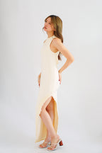 Miss Elly Halter Neck Bareback Maxi Dress in Beige with Lace Slit