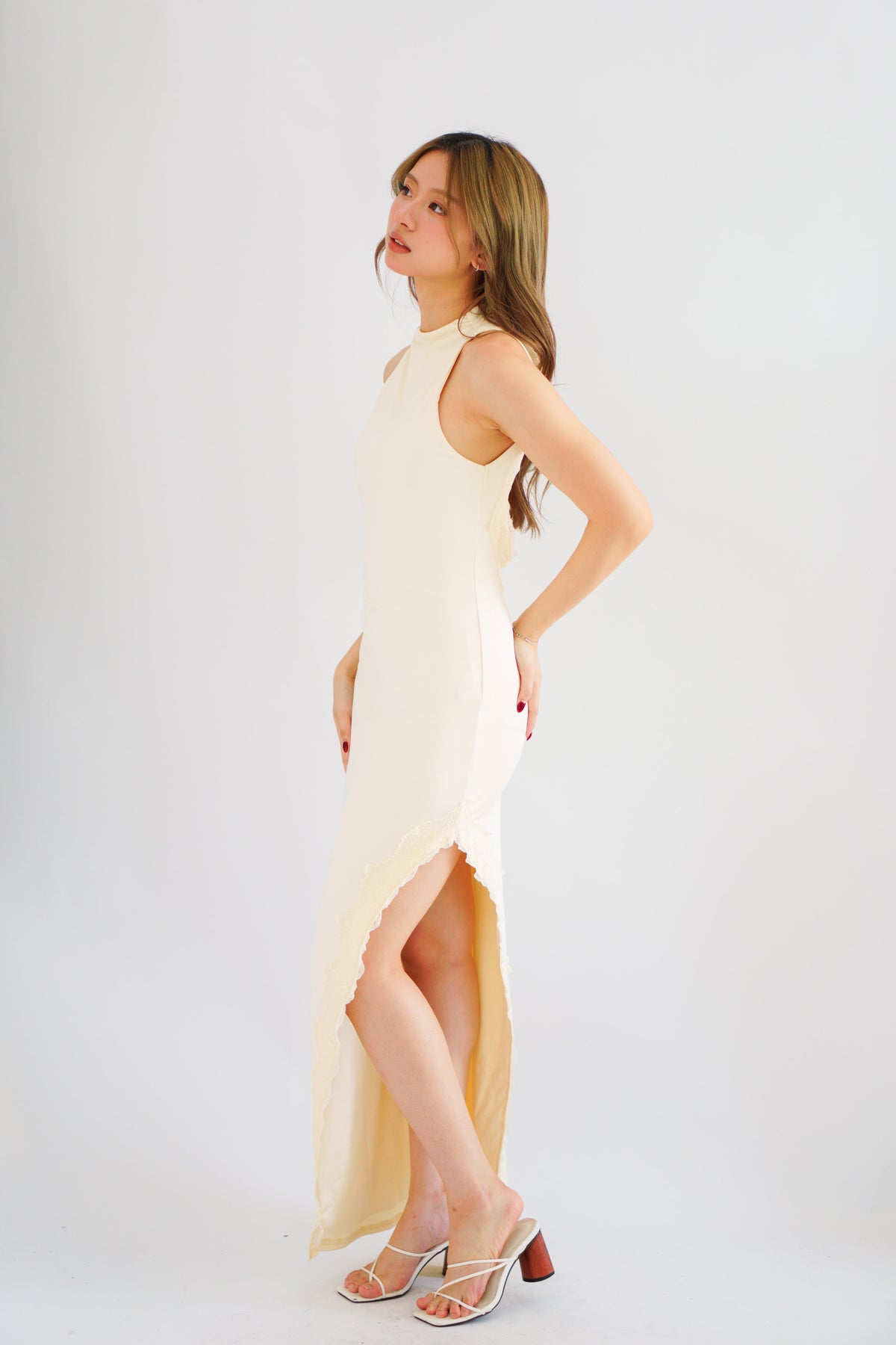 Miss Elly Halter Neck Bareback Maxi Dress in Beige with Lace Slit