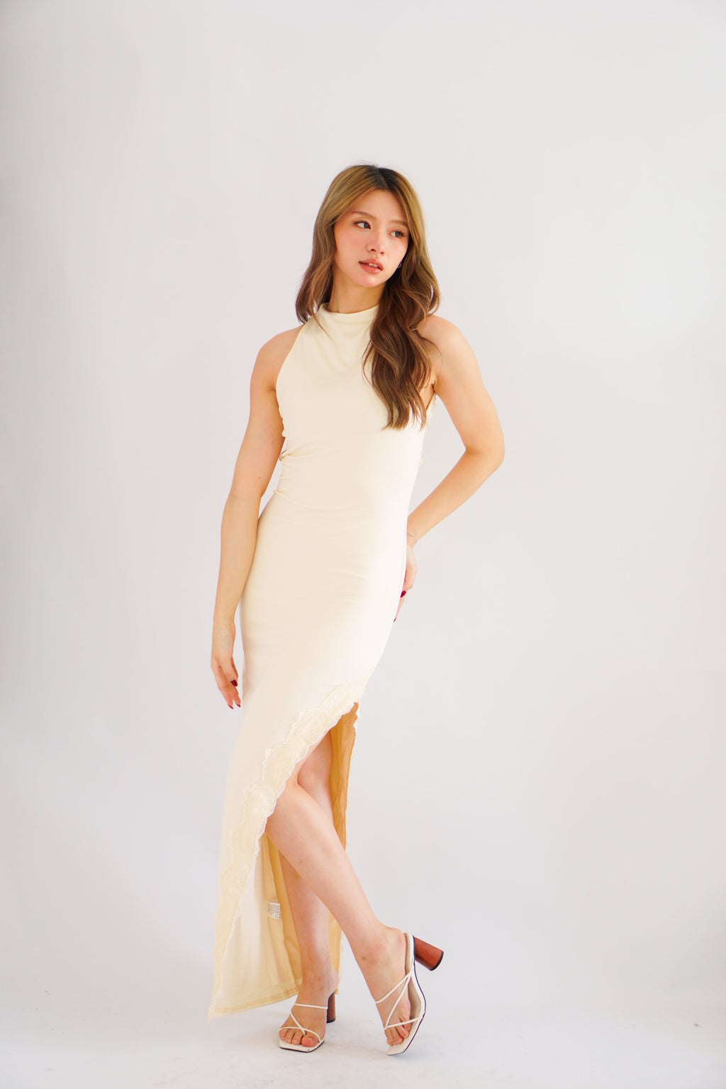 Miss Elly Halter Neck Bareback Maxi Dress in Beige with Lace Slit