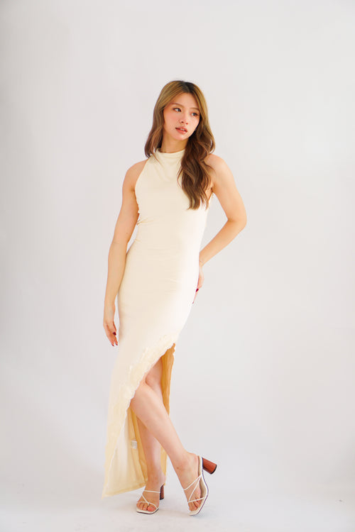Miss Elly Halter Neck Bareback Maxi Dress in Beige with Lace Slit